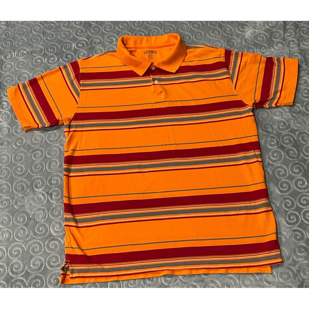 Champs Mens‎ Short Sleeve Polo Shirt Striped Orange Casual Tops Co Size XL
